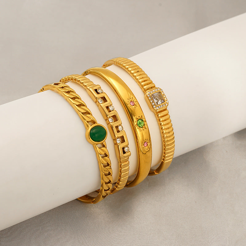 Hot-Selling Non-Fading Bracelet Titanium Steel Gold Wide Open Versatile Cuban Diamond-Studded Bracelet Factory Direct Sale