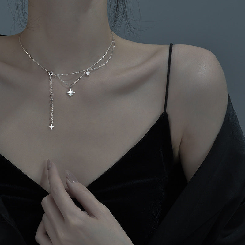 S925 Sterling Silver Sparkling Diamond Hexagram Necklace for Women Minimalist Double Layer Tassel Collarbone Chain