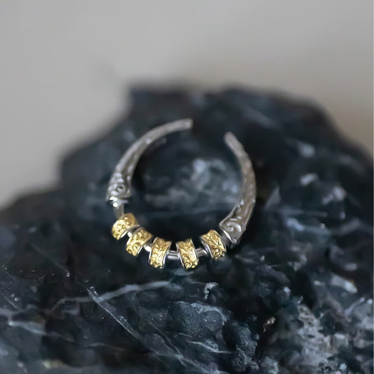 Korean Version Pure Silver S925 Vintage Smooth Tang Grass Pattern Carved Gold and Silver Color Matching Adjustable Open Ring Rotatable