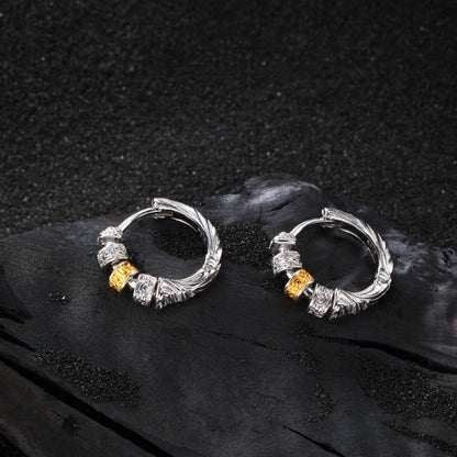 Korean Version Pure Silver Tang Grass Pattern Gold and Silver Color Block Lucky Earrings Ear Clips for Women Exquisite Fashion Versatile Korean Style