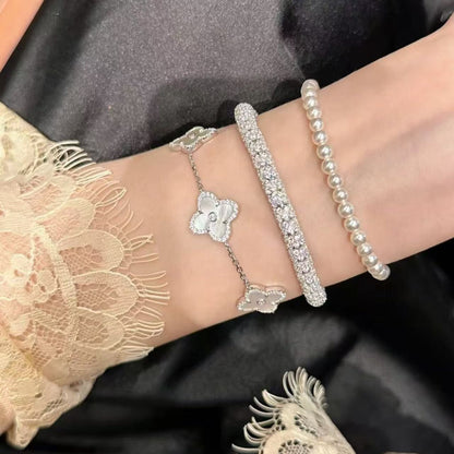 New Pure Silver S925 Four-Leaf Clover Natural Pink Shell White Shell Red Agate Bracelet Versatile Beaded