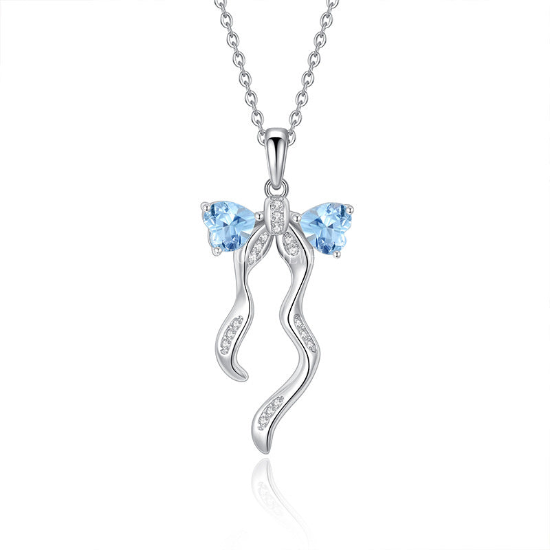 S925 Sterling Silver Ribbon Bow Necklace for Women Korean Style Natural Crystal Stone Niche Topaz Pendant for Women