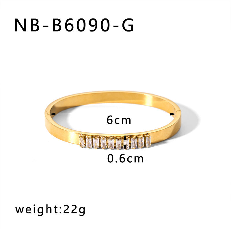 Hot-Selling Zircon Heart-Shaped Quadrilateral Geometric White Zircon Green Zircon Titanium Steel Real Gold Plated Color-Retaining Jewelry Bracelet