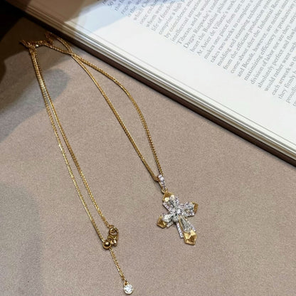 Sterling Silver S925 Brushed Craft High Carbon Diamond Cross Necklace Vintage Mid-Ancient Light Luxury High-End Niche Design