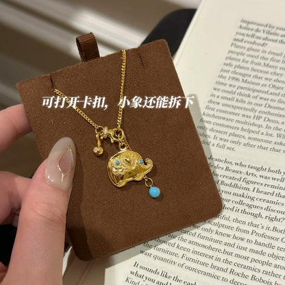 Pure Silver S925 Ethnic National Style Blue Pine Enamel Craft Small Elephant Universal Chain Necklace Lucky Fortune Harvest Necklace