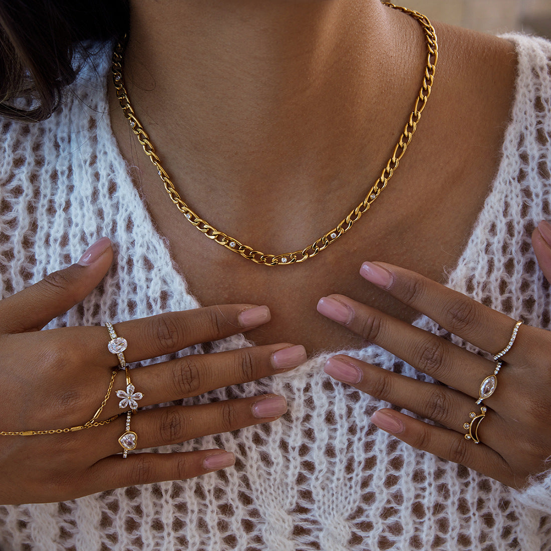 Zircon Ring Titanium Steel Non-Fading Necklace for Women Light Luxury High-End Feel Connected Finger Bracelet Stainless Steel Jewelry