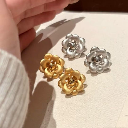 Pure Silver S925 Brushed Craft Camellia Earrings Light Luxury High-end Exquisite Unique Design Vintage Earrings