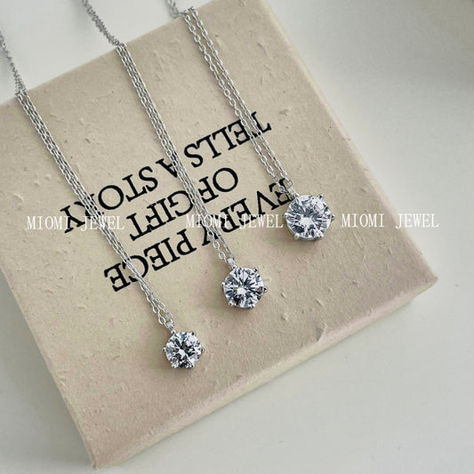 S925 Sterling Silver Zircon Necklace for Women Fashion High-End Inlaid Single Diamond Classic Simple Six-Prong Pendant Collarbone Chain