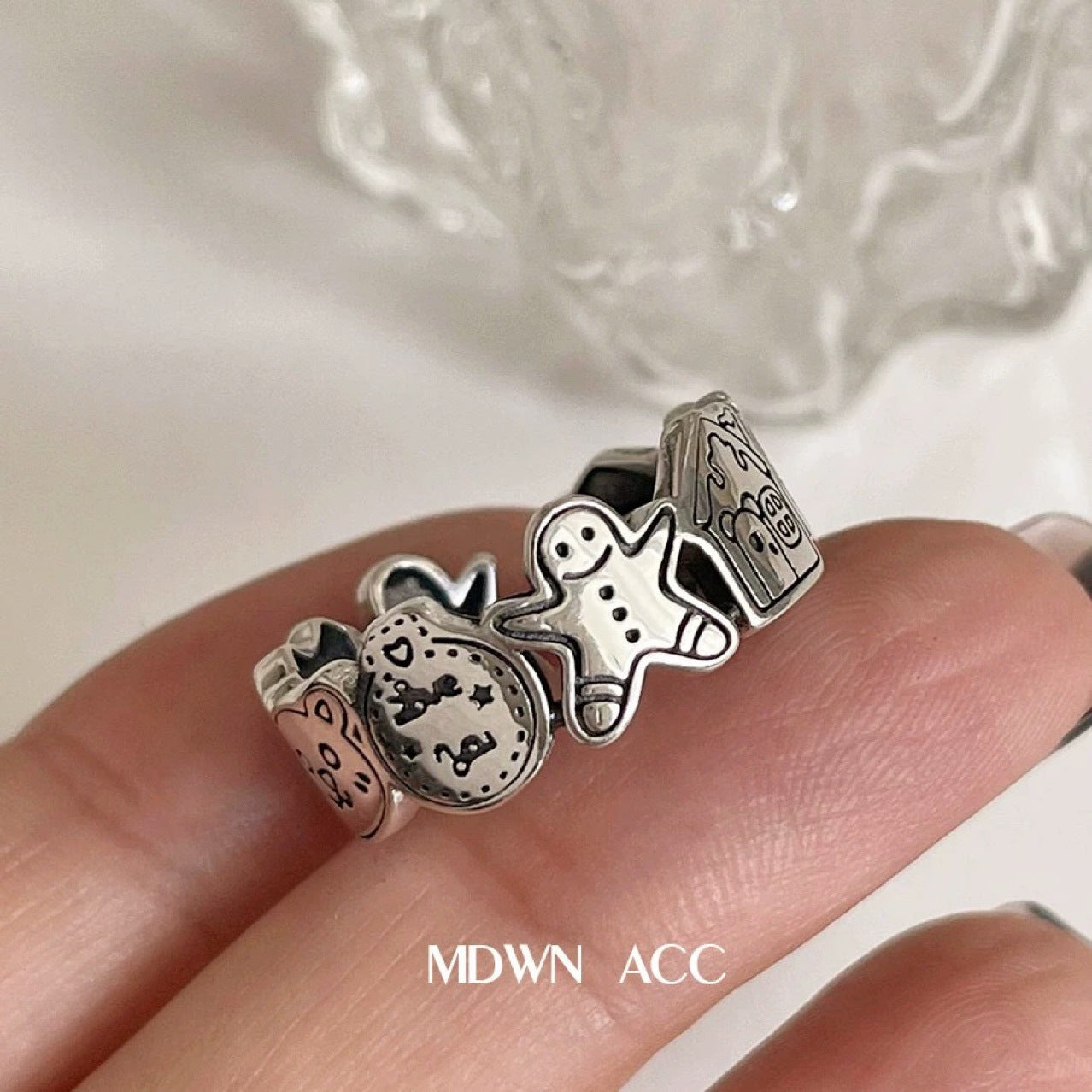 Korean Version Pure Silver S925 Ring for Women Gingerbread Man Cartoon Pattern Ins Style Minimalist Adjustable Open Ring