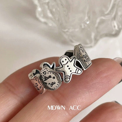 Korean Version Pure Silver S925 Ring for Women Gingerbread Man Cartoon Pattern Ins Style Minimalist Adjustable Open Ring