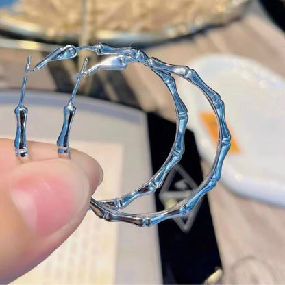 Korean Version Pure Silver 925 Large Hoop Earrings Bamboo Knot Dongdaemun Trendy Design Internet Celebrity Same Style Pure Silver Earrings Big Brand Elegant