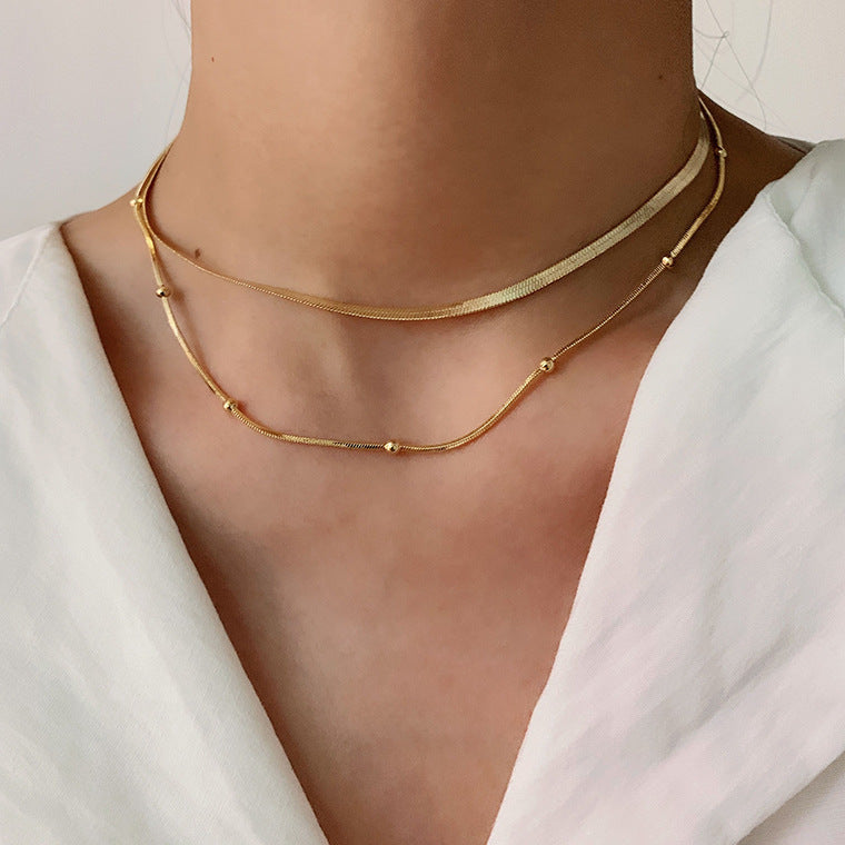 INS New Fashion Layered Stainless Steel Choker Necklace 14K Gold Plated Round Bead Chain Jewelry Snake Chain Necklace for Women