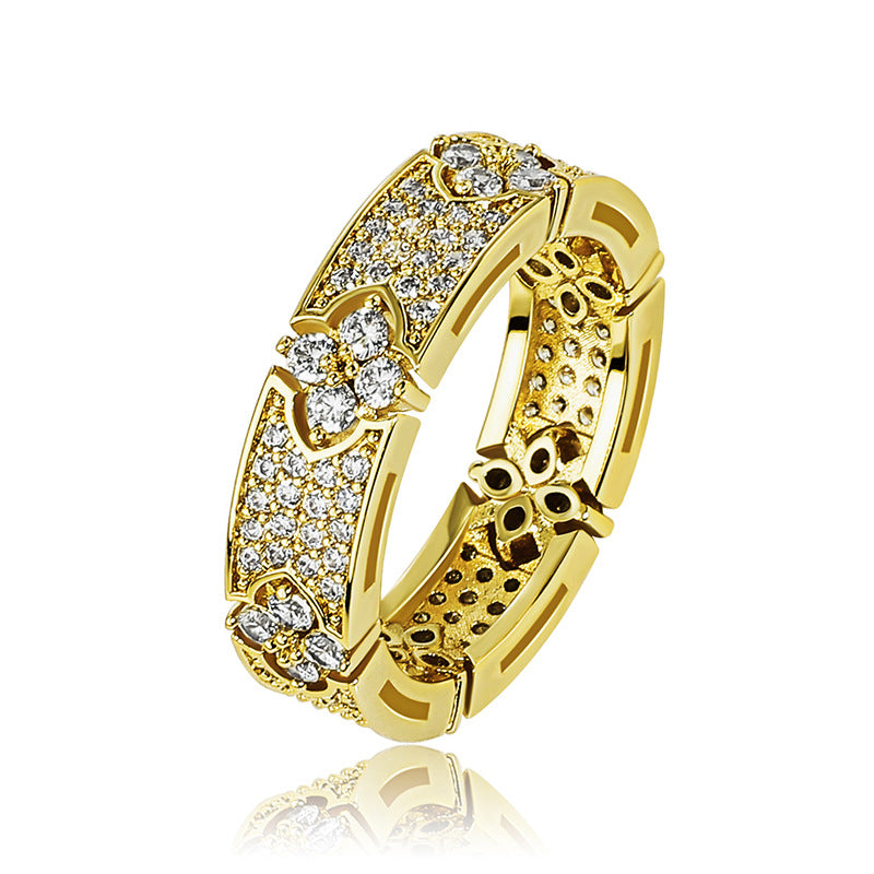 INS Trendy Unisex Micro Pave Starry Sky Zircon Ring Four-Leaf Clover Personality Hip-Hop Jewelry