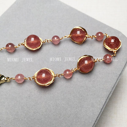 Strawberry Crystal Bracelet Pigeon Blood Red Strawberry Crystal 14K Wire Wrapped Braided Bracelet Color Retention Women Crystal Gift