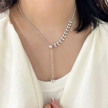 Korean Version S925 Sterling Silver Niche Design Pendant Chain Ins Style Fashion Simple Wheat Spike Splicing Round Ball Y-shaped Pull Necklace