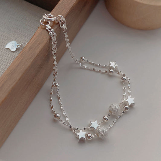 S925Sterling Silver Star Matte Small Ball Double Layer Bracelet for Women, Light Luxury Niche High-end Feel, Best Friend Bracelet, Hong Kong Style Jewelry
