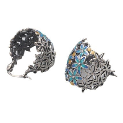 S925 Sterling Silver Resin Oil Drop Craft Small Flower Hollow Earrings Vintage Distressed Flower Earrings Ethnic Style Jewelry