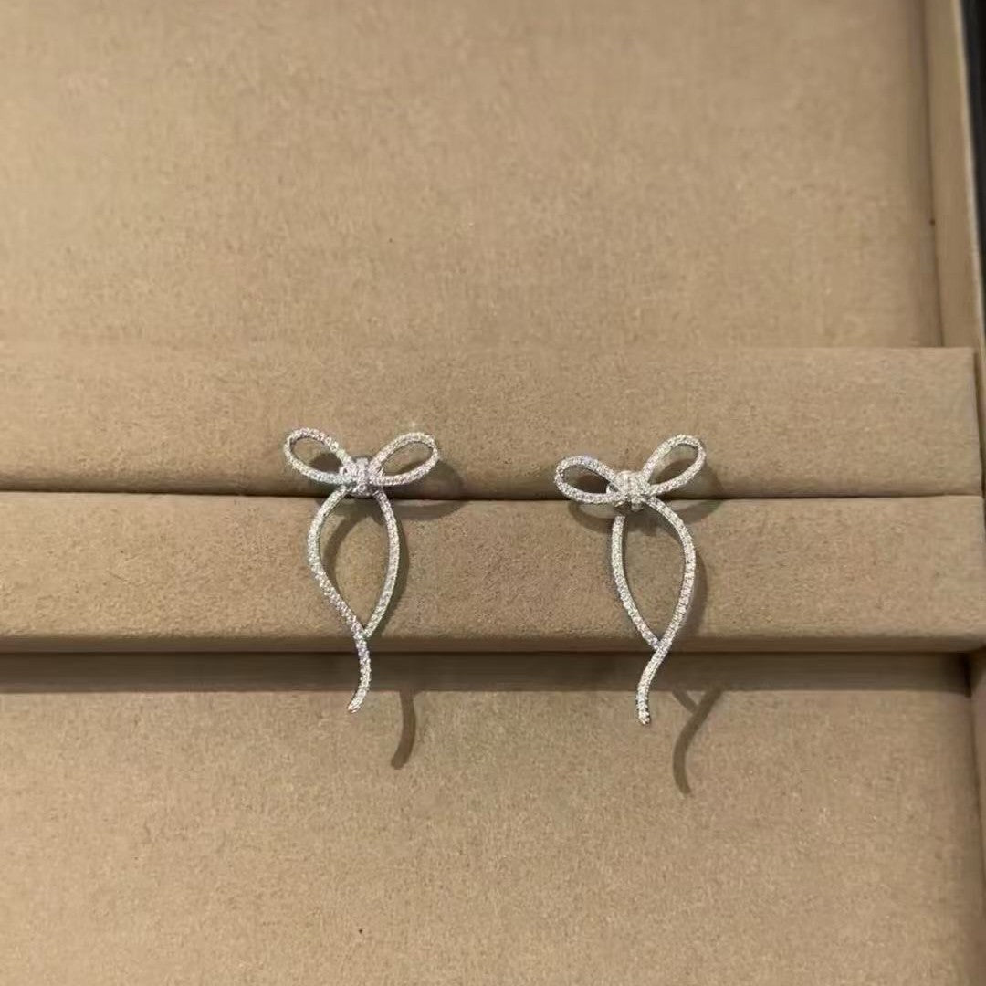 S925 Silver Inlaid Diamond Bow Sweet Light Luxury Exquisite Girl Temperament High-end Design Earrings
