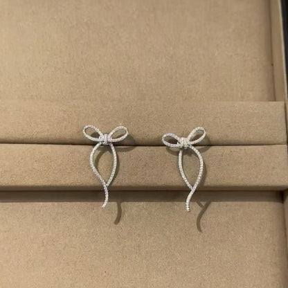 S925 Silver Inlaid Diamond Bow Sweet Light Luxury Exquisite Girl Temperament High-end Design Earrings