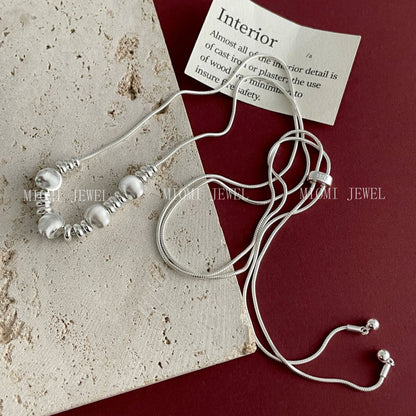 S925 Sterling Silver Starry Sky Cat's Eye Bead Pull Snake Bone Necklace for Women, Niche Design, Korean High-end Sweater Chain