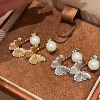 Sterling Silver S925 Brushed Craft Natural Shell Pearl Butterfly Dual-use Earrings Light Luxury Exquisite Versatile Elegant New Earrings
