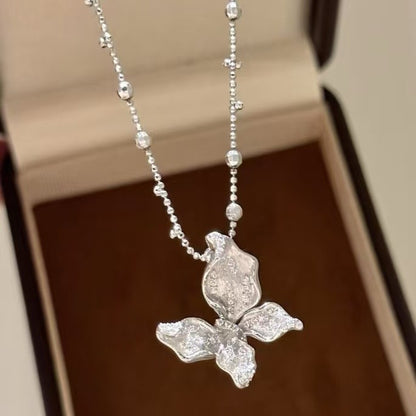 Sterling Silver S925 Brushed Craft Butterfly Earrings Necklace Set French Light Luxury Retro Niche Design Jewelry Set