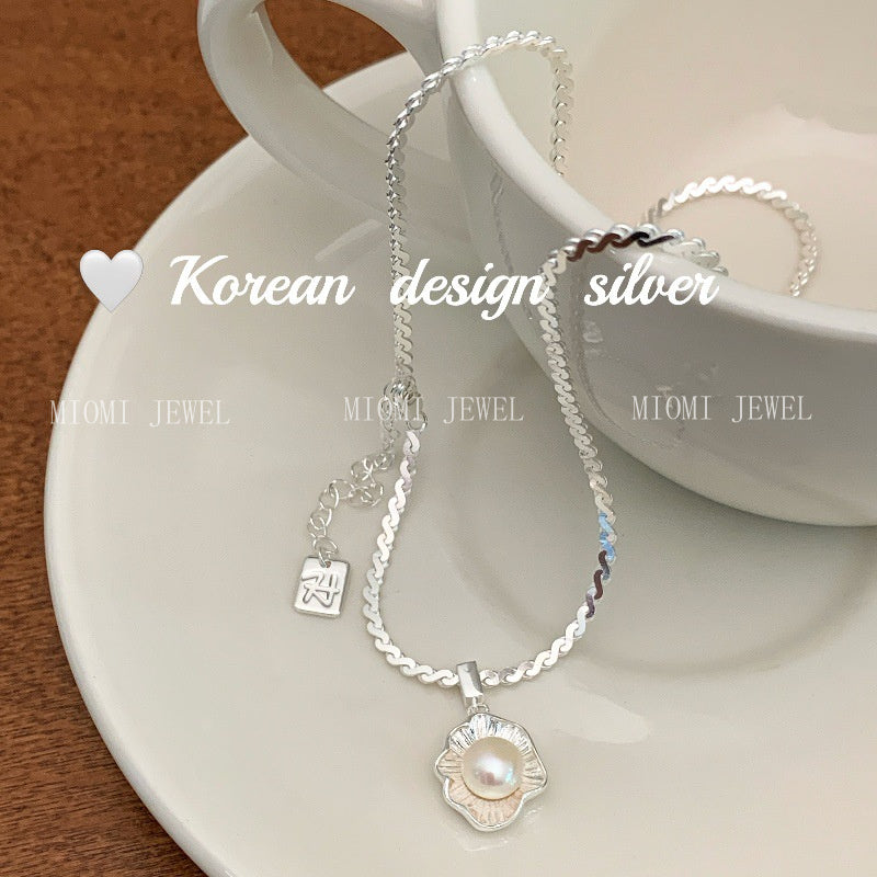 Korean Style Blogger Same Style Jewelry S925 Sterling Silver Poached Egg Pearl Necklace Niche Design Versatile Women's Style