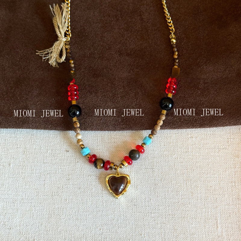 natural Tiger Eye Stone Heart Beaded Necklace Vintage Autumn Winter Elegant Simple Collarbone Chain