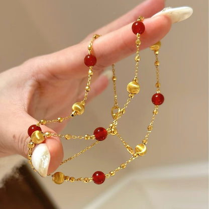 Sterling Silver S925 French Retro Laser Cat's Eye Red Agate Necklace Bracelet Set Fashion Light Luxury Layered Collarbone Chain