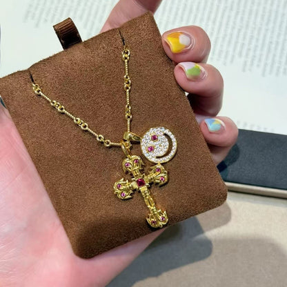 Pure Silver S925 Super Shiny Cross Iris Flower Smiley Face Necklace Trendy Brand Retro Light Luxury Niche Personality Versatile Neck Chain