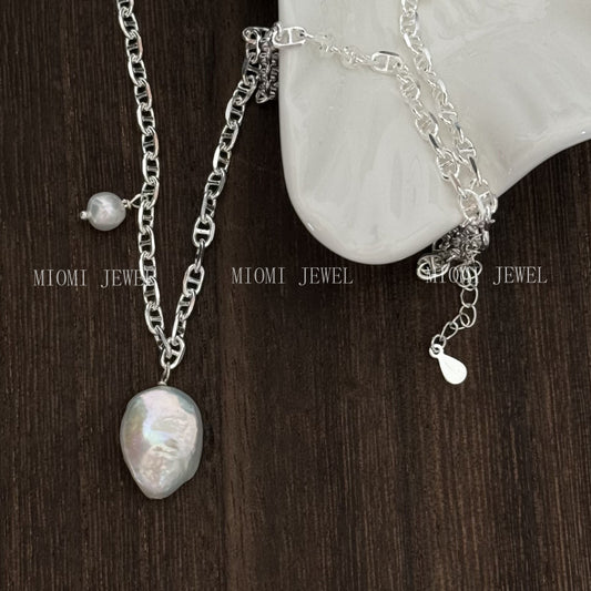 S925 Silver Korean Version Niche Design Freshwater Pearl Irregular Baroque Pig Nose Necklace Wind Collarbone Chain