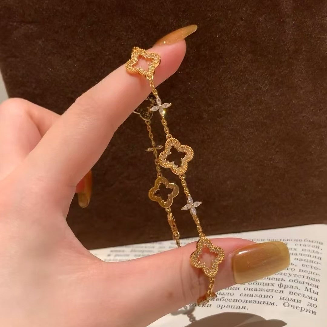 S925 Sterling Silver Hollow Four-Leaf Clover Cross Zircon Bracelet Starry Sky Flower Inlaid Diamond Niche Fashion Versatile