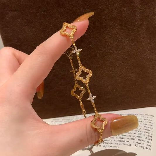 S925 Sterling Silver Hollow Four-Leaf Clover Cross Zircon Bracelet Starry Sky Flower Inlaid Diamond Niche Fashion Versatile