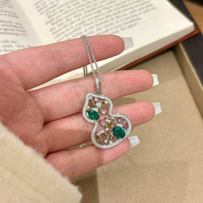Pure Silver S925 National Style New Chinese Hollow Flower Window Emerald Gourd Fortune Necklace Vintage Exquisite Choker Light Luxury