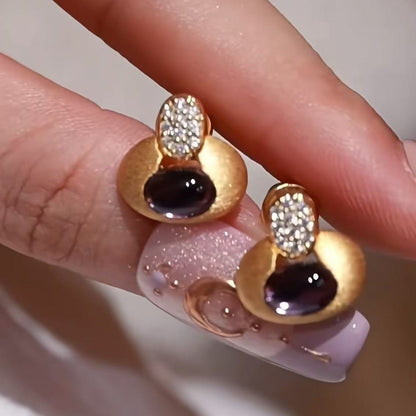 Sterling Silver S925 Brushed Craft Amethyst Earrings Light Luxury Vintage Exquisite Versatile Elegant New Geometric Earrings