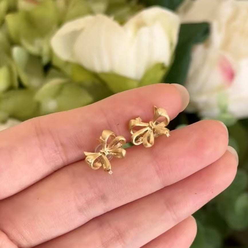 Italian Vintage Craftsmanship Light Luxury High-End Feel 925 Sterling Silver Bowknot Brushed Earrings Niche High-End Temperament