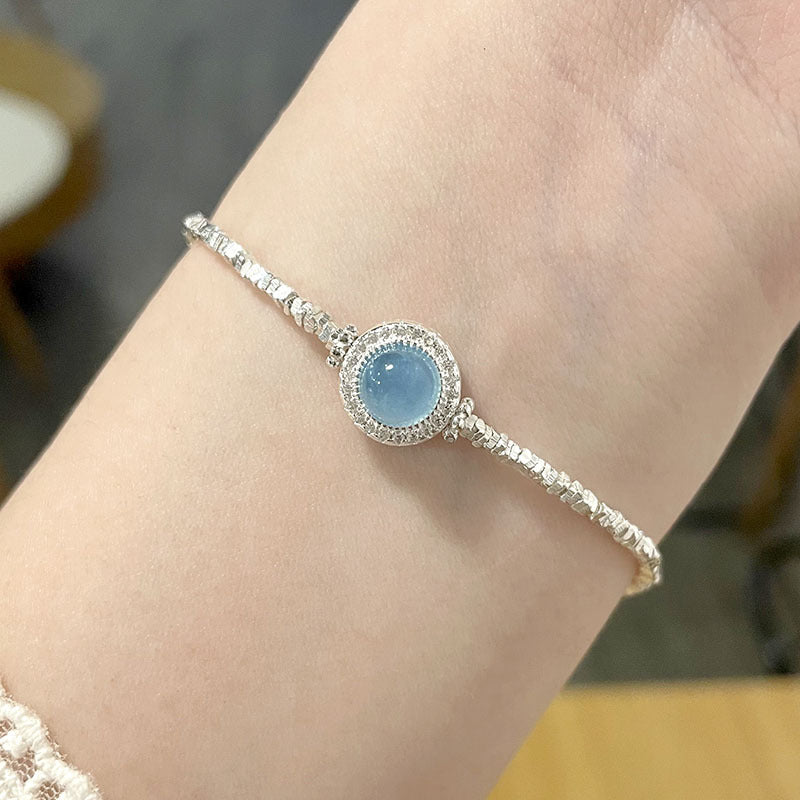 S925 Sterling Silver Natural Aquamarine Broken Silver Bracelet for Women, Ins Style, Fresh and Sweet, Simple Ice Crack Texture Bracelet