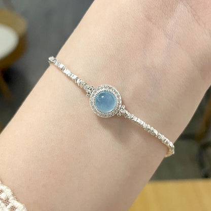 S925 Sterling Silver Natural Aquamarine Broken Silver Bracelet for Women, Ins Style, Fresh and Sweet, Simple Ice Crack Texture Bracelet