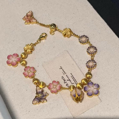 Sterling Silver S925 Enamel Gradient Craft Double-Sided Wear Butterfly Lily of the Valley Cherry Blossom Bracelet Flower Design High-End Bracelet