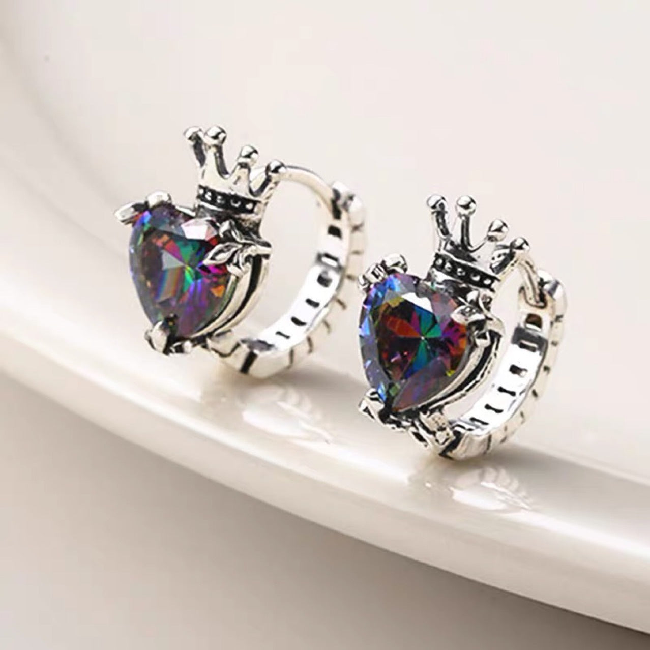 Korean Version Ins Style Cool Style Pure Silver S925 Crown Love Heart Color Zircon Earrings Ear Clips Ear Studs Exquisite Heart Shape