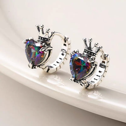 Korean Version Ins Style Cool Style Pure Silver S925 Crown Love Heart Color Zircon Earrings Ear Clips Ear Studs Exquisite Heart Shape