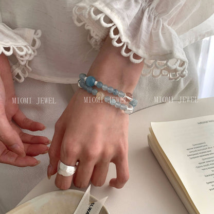 S925 Sterling Silver Natural Blue Yellow Crystal Double Circle Bracelet for Women Korean Minimalist Niche Design Bracelet