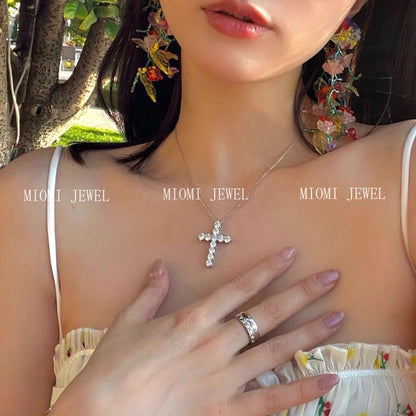 S925 Sterling Silver Inlaid Diamond Cross Necklace for Women, Ins Niche Design, Super Shiny Zircon, Stackable, Trendy Collarbone Chain