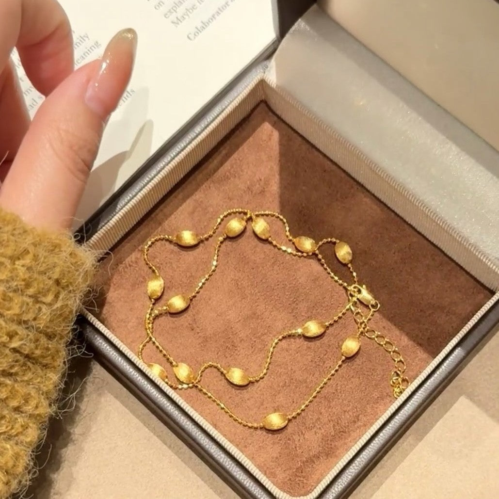 Sterling Silver S925Autumn and Winter New Italian Light Luxury Brushed Olive Bead Necklace Long Chain Simple Retro Silver Bead Chain