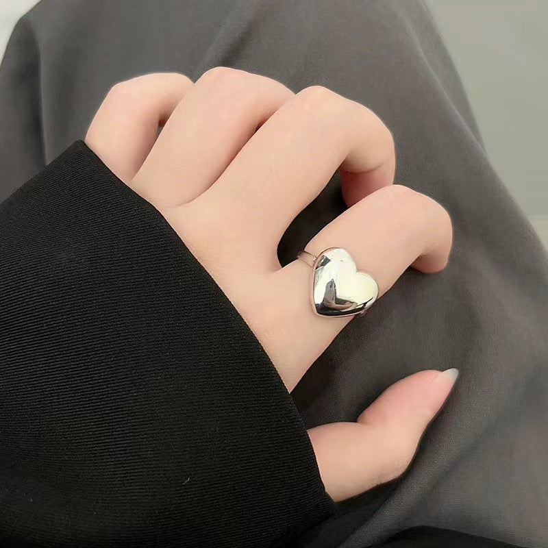 Sterling Silver S925 Heart Single Ring Simple Cute Sweet Peach Heart Open Ring Index Finger Ring