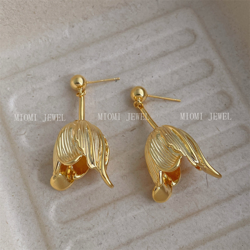 18K Real Gold Plated Metal Minimalist Tulip Flower Earrings Elegant Niche Design Sense Drop Earrings Jewelry