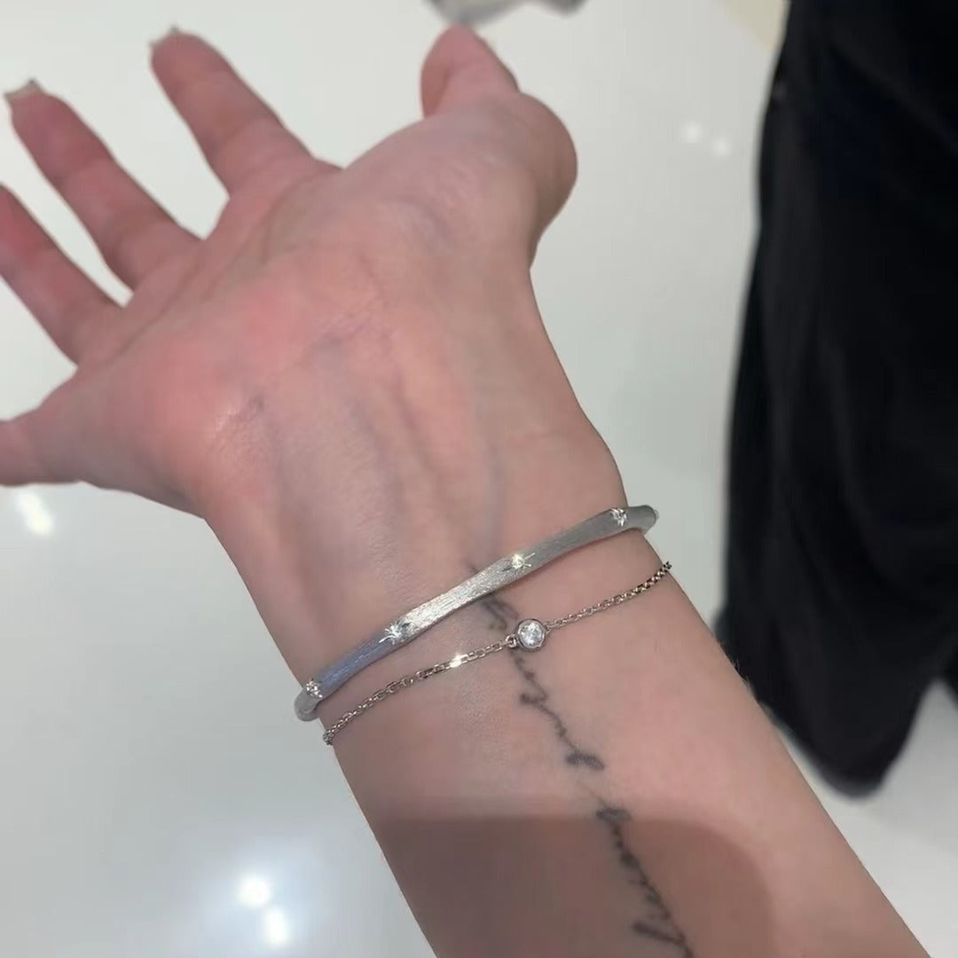 Pure Silver S925 Vintage Brushed Craft Ribbon Starlight Brushed Bracelet Thin Women's Simple Circle Inlaid Diamond Bangle