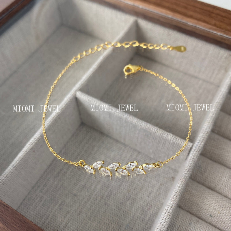 S925 Sterling Silver Bracelet for Women, Mori Style, Wheat Ear Leaves, Horse Eye Micro Pave Zirconia, Fine Chain, Exquisite Light Luxury Bracelet Wholesale