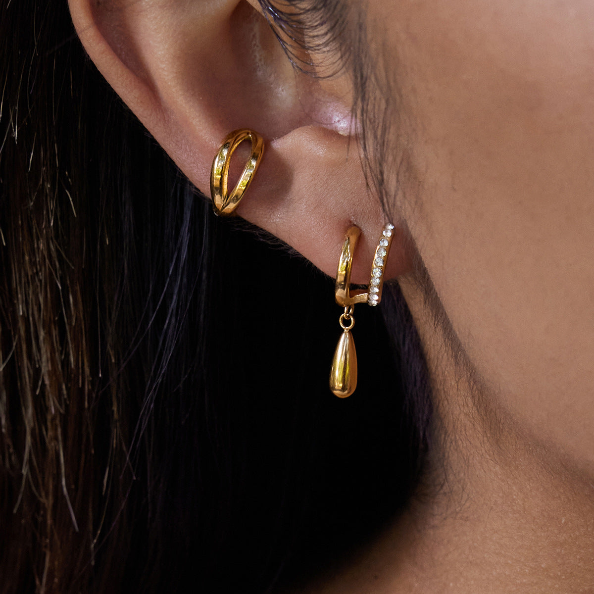 Titanium Steel Zircon Double Layer C Hoop Earrings Water Drop Pendant Stud Earrings Stainless Steel Jewelry High-end Feel