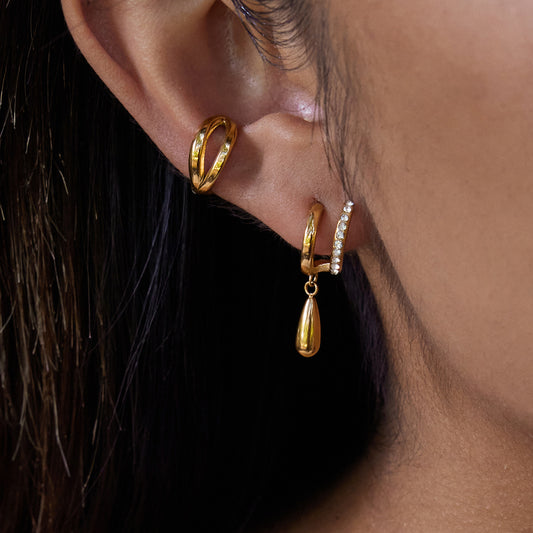 Titanium Steel Zircon Double Layer C Hoop Earrings Water Drop Pendant Stud Earrings Stainless Steel Jewelry High-end Feel